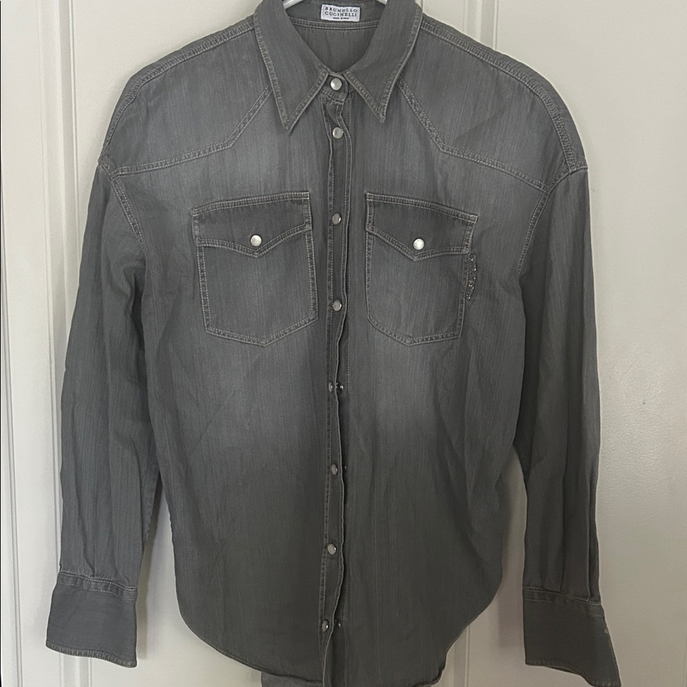 EUC! BRUNELLO CUCINELLI Charcoal / light grey wash snap button-Up Denim Shirt, s